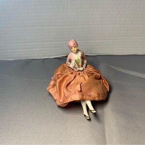 Vintage half porcelain doll pin cushion 1920s Flapper Vanity Decor 3” Japan